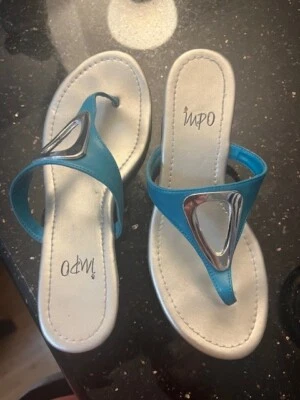Woman IMPO Raven Turquoise & Silver Thong Slip On Flat Heeled Sandals - Size 6M - Image 1 of 4