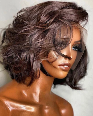 Peluca frontal de encaje marrón rojizo claro Bob desordenado parte lateral 100 % pelucas de cabello humano  Foto 1 de 4