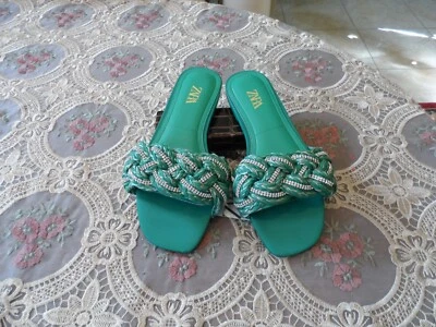 New Zara Green Woven Rhinestone Slip On Sandals Size 6M - Image 1 of 4