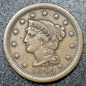 1849 Braided Hair Large Cent XF Extremely Fine 1c Coronet - Picture 1 of 2