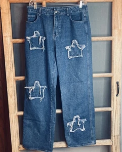 SHEIN Damen Jeans blau distressed zerrissen XL weites Bein Patchwork Sterne 34x32 - Bild 1 von 8