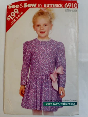 Dress Girls 5 6 6X See & Sew Butterick 6910 Sewing Pattern Cut VTG Very Easy - Image 1 of 4