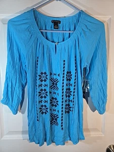 Teal Blue Blouse W Embroidered Snowflakes Sz PS 3/4 Sleeve Boho Peasant - Picture 1 of 7