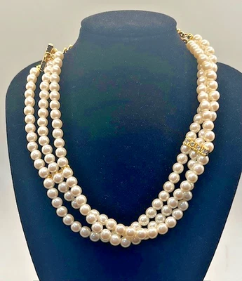 Vintage Carolee Faux Three-Strand Pearl & Rhinestone Necklace - Image 1 of 4