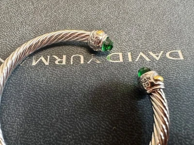 DavidYurmanSilver4mm*Sterling/ green Topaz & 18K Gold Cable ClassicBraceIet - Image 1 of 4