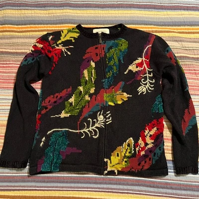 Susan Bristol Black Multi Color Feather Embroidered Cardigan Sweater Womens S - Image 1 of 4