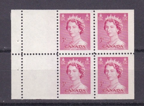 1953 Canada Stamp Booklet Pane #327b 3-Cent Red Carmine Elizabeth II Unused NH Cover