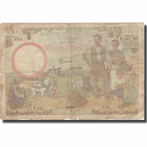 [#805532] Banknote, Tunisia, 1000 Francs, 1946, 1946-09-05, KM:26, F Cover