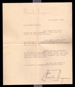 5-10-63 India Bollywood Hero Shashi Kapoor Original Photo & Letter Autographed - Picture 1 of 5
