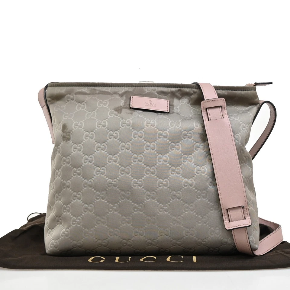 Bolso de Hombro GUCCI Logo GG Patrón Nylon Cuero Gris Rosa SHW Italia 65EE646 Foto 1 de 4