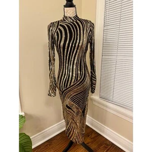Moda Vestido Nova Dorado y Negro Lentejuelas Bodycon Midi Mangas Largas Cuello Alto. - Imagen 1 de 9