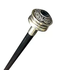 Vintage Unused French Black Onyx Medallion Top Swagger Knob Walking Stick Cane - Picture 1 of 8