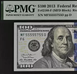2013 $100 Federal Reserve Note - PMG 40 - Near Solid Serial Number 55555755 - Picture 1 of 3