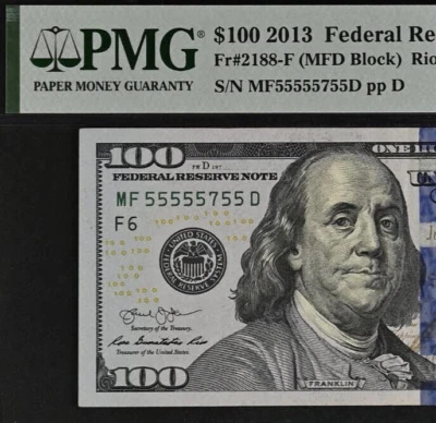 2013 $100 Federal Reserve Note - PMG 40 - Near Solid Serial Number 55555755 - Image 1 of 3