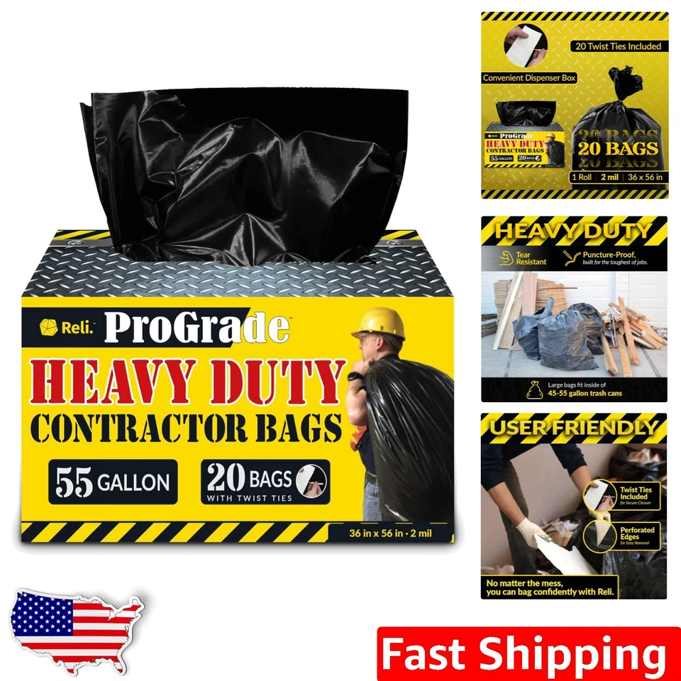 Reli. ProGrade Contractor Trash Bags 55 Gallon | 20 Bags w/Ties | Heavy Duty ...