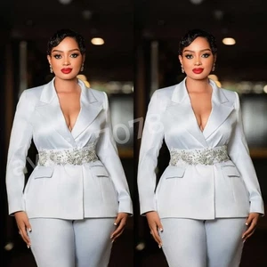 White Silk Satin Women Suits Rhinestone Party Prom Wedding Wear Ladies Outfits - Picture 1 of 11