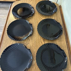 Vtg Set of 6 Arcoroc Black Shell Dinner Plates Scallop Clam Coquillage 11” X 11” - Picture 1 of 5