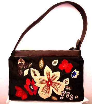 Preston & York Black Denim Handbag Shoulder Purse Floral Applique Bead Western - Image 1 of 4