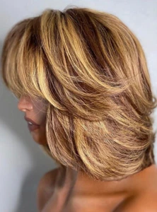 Honey Blonde with Brown Highlight Human Hair Wigs with Bangs Brazilian Hair 180% - Picture 1 of 10