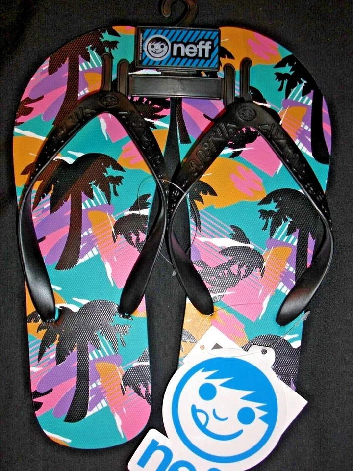 Chanclas de goma Neff para hombre talla 12 negras multi tropical playa palmeras nuevas con etiquetas Foto 1 de 4