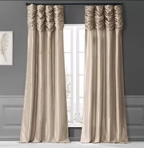 Antique Beige Ruched Room Darkening Faux Silk Taffeta Curtain50x84 Fabrics - Picture 1 of 5