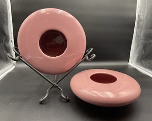 Vintage Haeger Pottery Mauve Pink Vase Planter Flying Saucer Disc Shallow Set - Picture 1 of 9