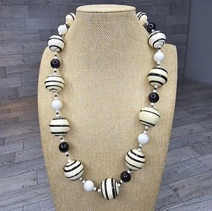 Vintage Paper Mache White and Black Beaded Necklace Stamped Japan 27"L - Picture 1 of 5