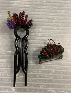 vintage Seed Bead BUMBLEBEE U-SHAPED HAIR PIN & BROOCH set - Picture 1 of 13