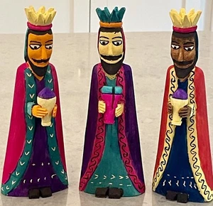 3 VTG Mexican OAXACAN FOLK ART Nativity Kings WISEMEN Magi ~ HAND CARVED Wood 8" - Picture 1 of 12