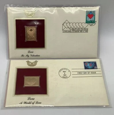 Qty 2 Love 22kt Gold Foil Stamps First Day of Issue 29 Cent 1991/92 Valentine - Image 1 of 4