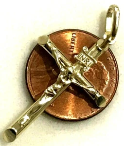 GoLD Cross Jesus pendant 10k real yellow Crucifix inri Charm Tube necklace 1.40” - Picture 1 of 12