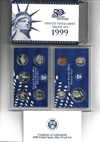 1999 US Mint Proof 9 Coin Set with Original Packaging (GA DE PA CT NJ Quarters) Cover