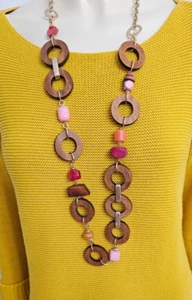 CHICOS necklace wood and gold tone metal 20"long+4" brown & multicolor beads - Picture 1 of 8