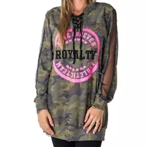 Women's Camouflage Distressed Hoodie Net Sleeve Sweatshirt Tunic Top S, M, L, XL - Picture 1 of 5
