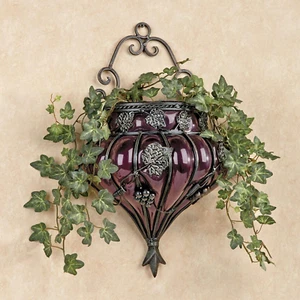 Grape Vase Wall Accent - Metal, Glass - Purple, Antique Bronze - Vineyard Grapev - Picture 1 of 4