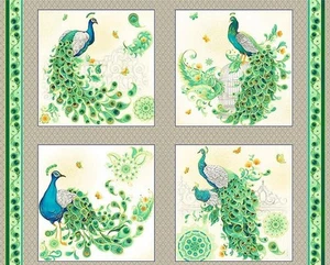 Panel de tela 35" | Oasis Imperial Garden metálico escena de pavo real verde crema - Imagen 1 de 1