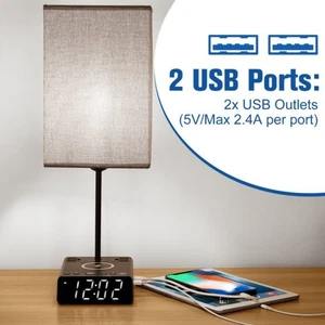 3-in-1 Bedside Table Lamp with USB AC Charging Ports Outlets and Alarm Clock - Picture 1 of 8