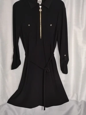 Vestido Anne Klein Pequeño Negro con Cinturón y Cremallera Dorada Acentos Talla 10 Foto 1 de 4