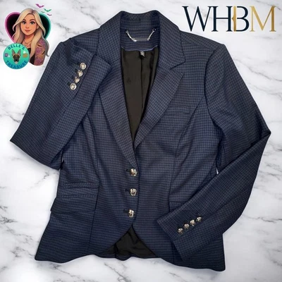 Chaqueta Blazer WHBM Pata de Gallo 8 Azul Marino Plata Botones Elastizada Dinero Antiguo Lux Foto 1 de 4