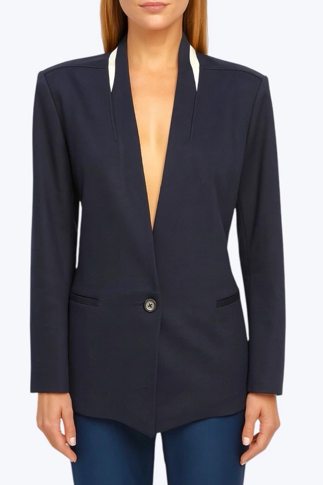 Helmut Lang Black Blazer White Leather Collar Detail Rayon Wool Size 12 USA - Image 1 of 4