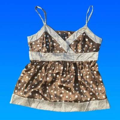 Y2K 100% SILK POLKA DOT BROWN V NECK CAMI WITH TIE AROUND - Image 1 of 4