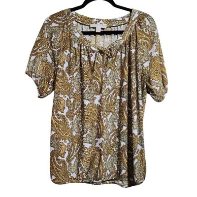 Michael Kors Top Womens Large Yellow Paisley Short Sleeve Knit Tie Front Stretch - Image 1 of 4