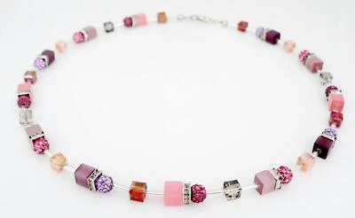 Halskette Collier Würfel Kristallglas Shamballa Strass Lila Violett Rosa 546e - Bild 1 von 4