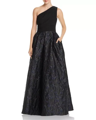 $480 Aqua Women'S Black Blue Floral One Shoulder Ruched Pleated Dress Gown 2 - Image 1 of 2