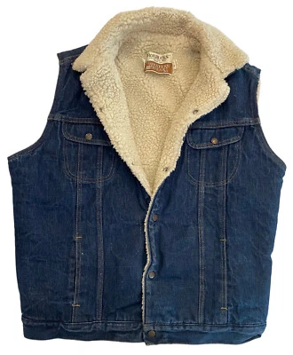 Vtg Sears Roebucks Denim Jean Western Wear Men's Sherpa Ves 46-T XXL Snap Collar - Image 1 of 4