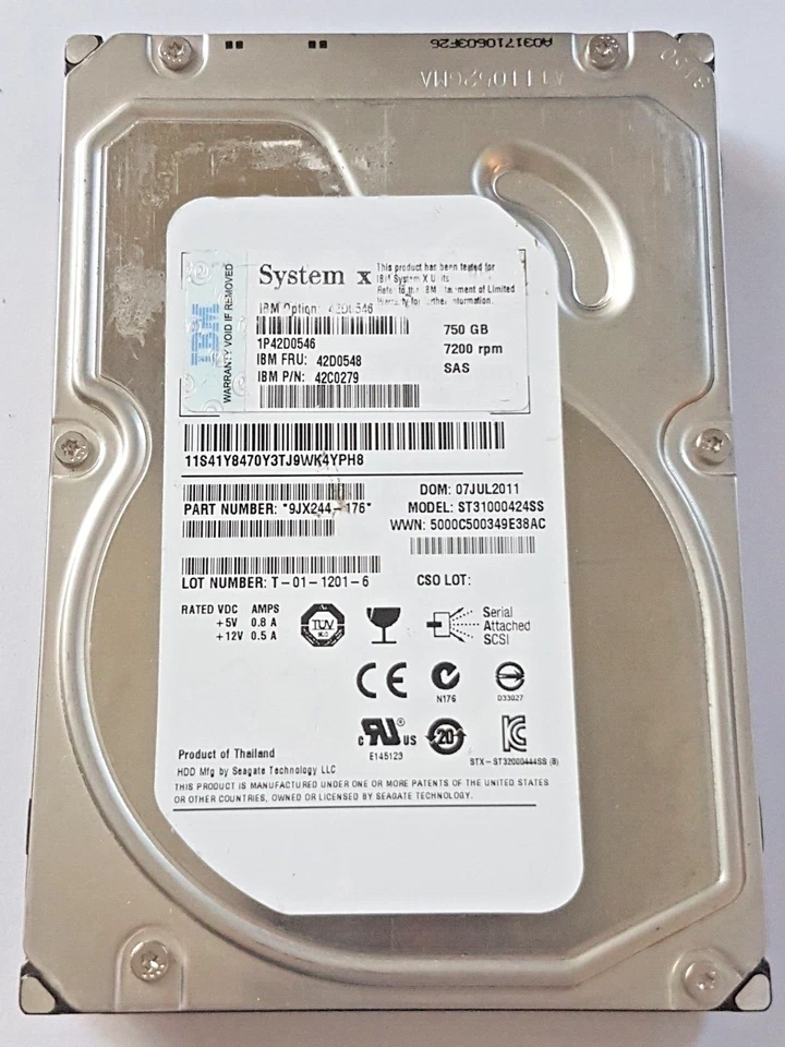 750 GB SAS IBM System X 42D0546 ST31000424SS 7200RPM 16MB HDD 3.5 " Hard Drive - Image 1 of 1