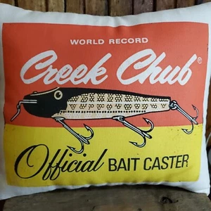 VINTAGE BOAT MOTOR FISHING LAKE CABIN COTTAGE CREEK CHUB LURE ADVERTISING PILLOW - Picture 1 of 13