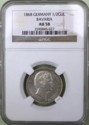 S11 - Germany Bavaria 1/2 Gulden 1868 NGC AU-58 Silver Coin - Kaiser Ludwig II - Image 1 of 4