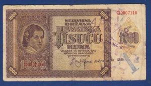1000 Kuna 1941. Croatian banknote, NDH Ustasa stamp WW2, UNISTITI SERBIA ! - Picture 1 of 2