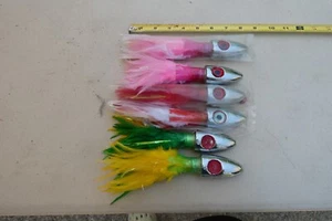 (6) 8 Inch Tuna Wahoo Big Game trolling Jigs FEATHER Lures Heads Bead eyes MX - Picture 1 of 4